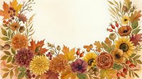 Autumn floral border with sunflowers, dahlias, roses, berries, and fall leaves in warm orange, yellow, and red tones on a cream background.