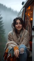 Young woman in cozy knit sweater sitting at camper van entrance with fairy lights and misty forest background, expressing contentment and wanderlust spirit.
