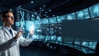 Male scientist in white lab coat interacting with holographic DNA and molecular data displays in futuristic laboratory for medical research and biotechnology innovation.