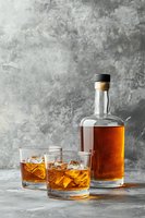 Bottle of aged amber liquor and two glasses with ice cubes on gray concrete background. Minimalist composition for bar or restaurant menu design.