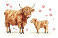 Adorable highland cow mother and calf surrounded by pink hearts, watercolor illustration showing tender family moment between Scottish cattle in soft brown tones.