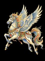 Ornate winged horse with colorful gold detailing, isolated on transparent background. Great for t-shirt design, stickers, clipart, sublimation, print on demand.