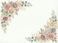Vintage roses and eucalyptus leaves arranged in corners on white background, isolated design element suitable for wedding invitations, greeting cards, and stationery projects.