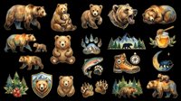 Watercolor brown bear clipart set isolated on transparent background, featuring bears, paw prints, mountains, honey, boot, fish, and forest elements for stickers, t-shirts, print on demand.