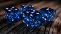 Glowing blue translucent dice with white dots arranged on dark wooden surface, featuring mystical sparkles and ethereal illumination for gaming and entertainment concepts.