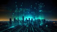 Futuristic cityscape with glowing cyan digital network lines rising from skyscrapers at night, depicting smart city technology and urban connectivity concept.