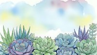 Watercolor succulent plants border with soft pastel sky background for botanical design projects and natural decoration elements.