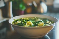 Fresh tortellini pasta soup with spinach leaves in clear broth served in white ceramic bowl, moody lighting creates appetizing atmosphere.