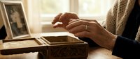 Elderly hands gently touching ornate wooden jewelry box with vintage family photograph nearby, evoking memories and nostalgia in warm sunlight.