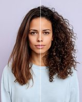 Before and after comparison of woman with straight hair versus natural curly hair against purple background, showing hair transformation styles.
