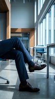 Businessman legs in navy trousers and brown leather oxford shoes relaxing in modern office chair near large windows.