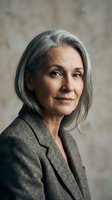 Mature woman with long gray hair wearing charcoal blazer, professional headshot against neutral textured background, suitable for corporate portraits, business profiles, and executive imagery.