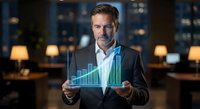 Middle-aged Caucasian businessman in suit holding holographic growth chart with upward arrow in modern office at night for financial success presentations.