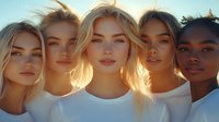Diverse group of young women in white tops illuminated by warm sunset backlight, showcasing natural beauty and unity in fashion and lifestyle photography.