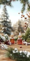 Essential oil bottles on wooden surface with snowy pine branches, white flowers and red berries creating cozy winter atmosphere for wellness and aromatherapy.
