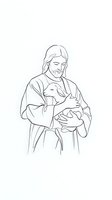 Jesus Christ holding lamb in arms, religious line art illustration for Christian faith designs, coloring books and spiritual materials.