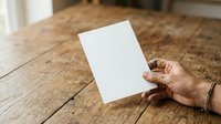 Hand holding blank white card on rustic wooden table surface. Mockup for business stationery, greeting cards, invitations, or promotional materials.