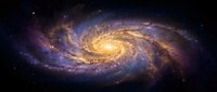 Spiral galaxy glowing with golden core and purple blue arms swirling through deep space, stars and cosmic dust filling the universe.
