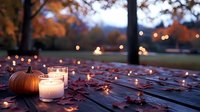 Autumn evening scene with glowing candles and pumpkin on wooden deck surrounded by fallen leaves creating warm cozy atmosphere for seasonal celebrations.
