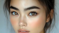Young Asian woman with natural makeup glowing skin and brown eyes close-up portrait for beauty skincare cosmetics advertising commercial use.