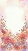Watercolor floral frame with ornamental swirls and hearts on isolated white background, ready for greeting cards, invitations, and design projects.