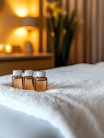 Essential oil bottles on white towel in spa setting with warm ambient lighting and decorative plants creating relaxing wellness atmosphere.