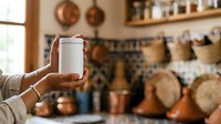 Person holding blank white container in rustic kitchen with wooden shelves, copper cookware and natural light, suitable for product packaging mockups and home decor themes.
