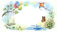 Watercolor spring frame with tree swing, colorful balloons, kite, paper boat, butterfly and flowers on white background for greeting cards and invitations.
