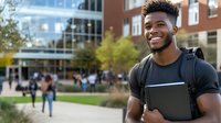 Young African American male college student smiling outdoors on campus with backpack and laptop, wearing black t-shirt against blurred university building background.