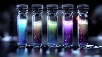 Glowing glass vials filled with luminescent liquid in vibrant colors of blue, brown, green, purple and pink, arranged in row on dark surface with magical sparkles.