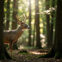 Majestic white-tailed deer buck with antlers standing in sunlit forest clearing among tall trees with dappled light filtering through canopy.