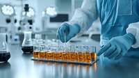Laboratory scientist in protective gloves conducting research with amber-colored liquid samples in test tubes, modern scientific equipment in background.