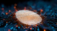 Digital fingerprint glowing with circuit patterns and bokeh lights for cybersecurity and biometric authentication technology concepts.