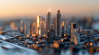 Futuristic cityscape emerging from circuit board with glowing skyscrapers and office buildings at sunset, modern technology concept for smart city development.