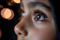Close-up of woman's eye with warm bokeh lights in background creating dreamy atmosphere. Natural makeup and long eyelashes highlighted against dark setting.