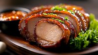 Sliced glazed pork belly with sweet soy sauce and green onion garnish on dark plate, close up view showing juicy meat texture and caramelized surface.