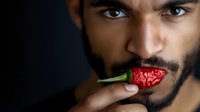 Young Hispanic man with beard holding red hot chili pepper in mouth against dark background, dramatic lighting emphasizes intense gaze and spicy food concept.