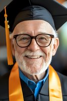 Senior male graduate in cap and gown with orange tassel and stole, smiling warmly with white beard and glasses, celebrating academic achievement.