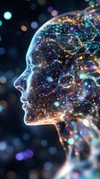 Glowing profile silhouette with interconnected network of luminous particles and lines against dark background, representing artificial intelligence and digital consciousness.