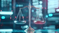 Glowing scales of justice with red and blue illumination against blurred urban night background, symbolizing legal balance and modern jurisprudence concepts.
