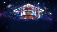 Futuristic graduation cap floating in cosmic space with stars and galaxies, symbolizing academic achievement and educational success in universe setting.