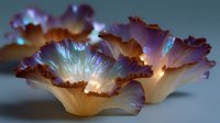 Luminous oyster mushrooms with purple-tinted edges glowing against dark background, showcasing delicate gill structure and ethereal translucent texture. Macro nature photography.
