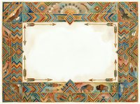 Ornate geometric frame with Egyptian-inspired patterns in gold, teal, and rust tones featuring intricate tribal motifs and symmetrical designs, isolated on white background for design projects.