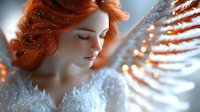 Young woman with flowing red hair and delicate features in ethereal white lace dress against soft blue background with glowing light effects and dreamy atmosphere.