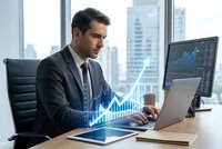 Professional businessman analyzing financial data with holographic growth chart projection in modern office workspace for business analytics presentations.