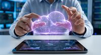 Business professional protecting holographic cloud computing data with hands over digital tablet in modern office environment for technology security concepts.