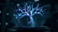 Glowing holographic tree with blue and purple light branches projected from futuristic device on dark background, symbolizing technology and data networks.