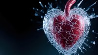 Red heart shape frozen in cracked ice with dramatic splash effect against dark background, glowing from within. Metaphor for cold emotions and frozen love.