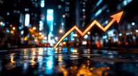 Glowing orange arrow graph rising against blurred urban nightscape with wet reflective surface, showing financial growth and success in modern city setting.