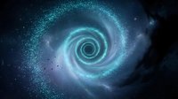 Cosmic spiral galaxy with glowing turquoise center and stardust particles swirling in deep space nebula against dark starry background for astronomy concepts.